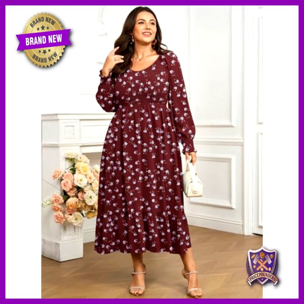 Plus Size Maxi Dress Long Sleeve Square Neck Smocked Ruffle Swing Flowy - Picture 4 of 7